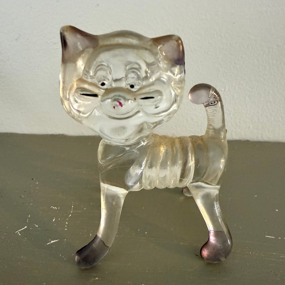 Vintage Lucite Clear Plastic Animal Figurines Cat - Kitchsy  Cat Art 1970s